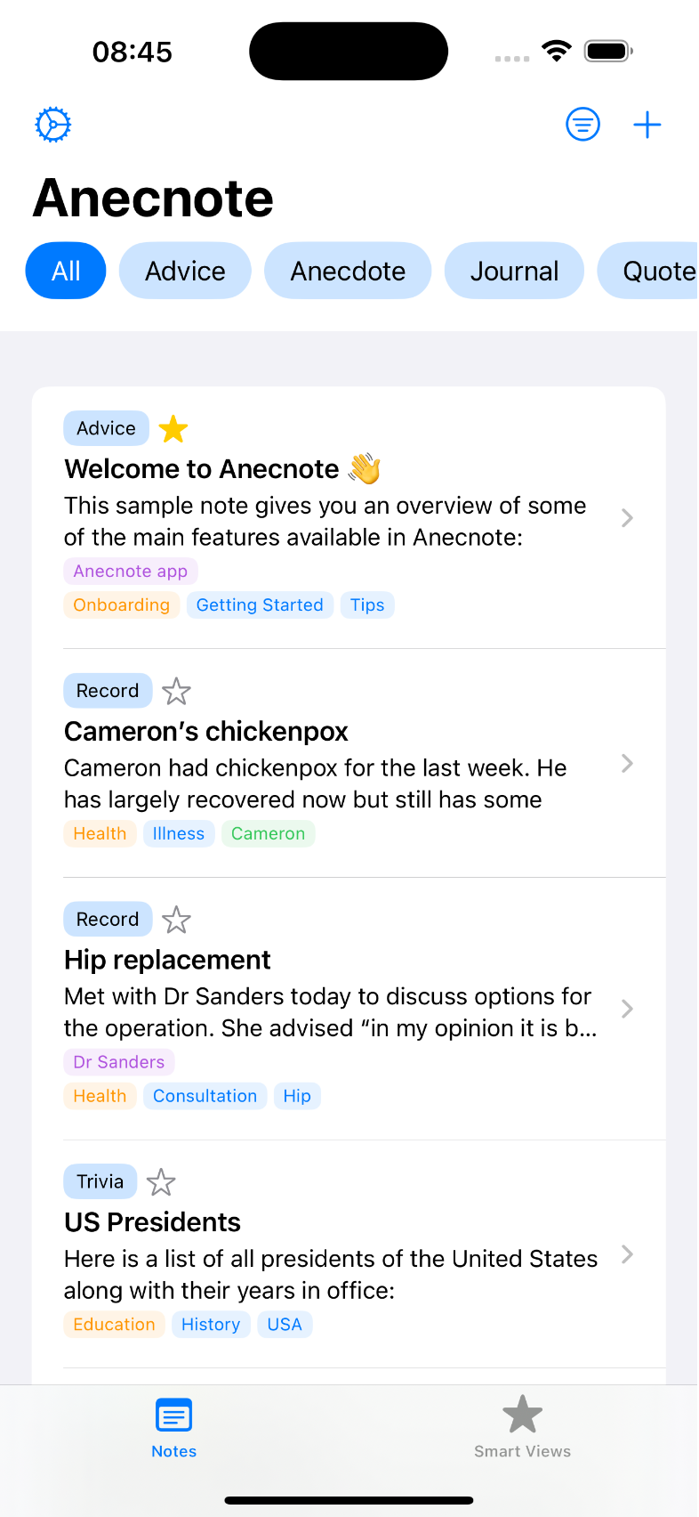 Anecnote notes overview screenshot